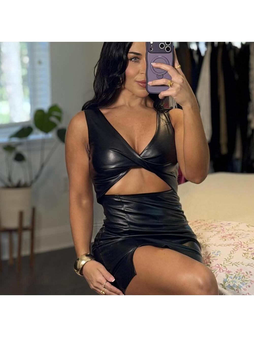 Faux Leather Cutout Mini Dress Y2K Clubbing Night Out Bodycon Dress - Picture 6 of 8